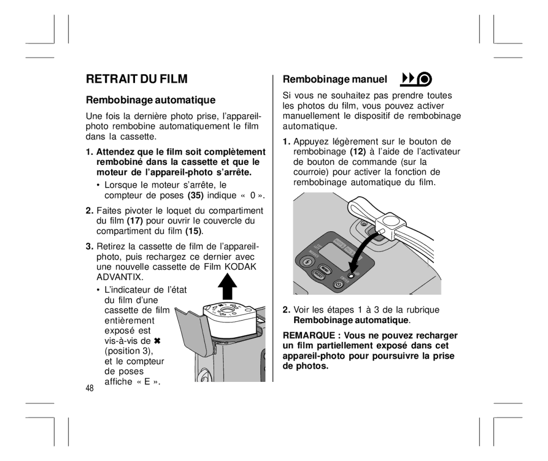 Kodak Auto-Focus Camera Retrait DU Film, Rembobinage automatique, Rembobinage manuel, Moteur de l’appareil-photo s’arrê te 