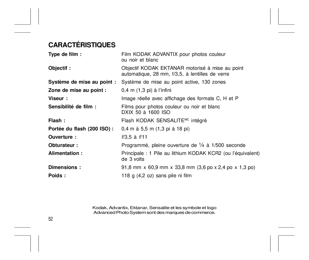 Kodak Auto-Focus Camera manual Caracté Ristiques 