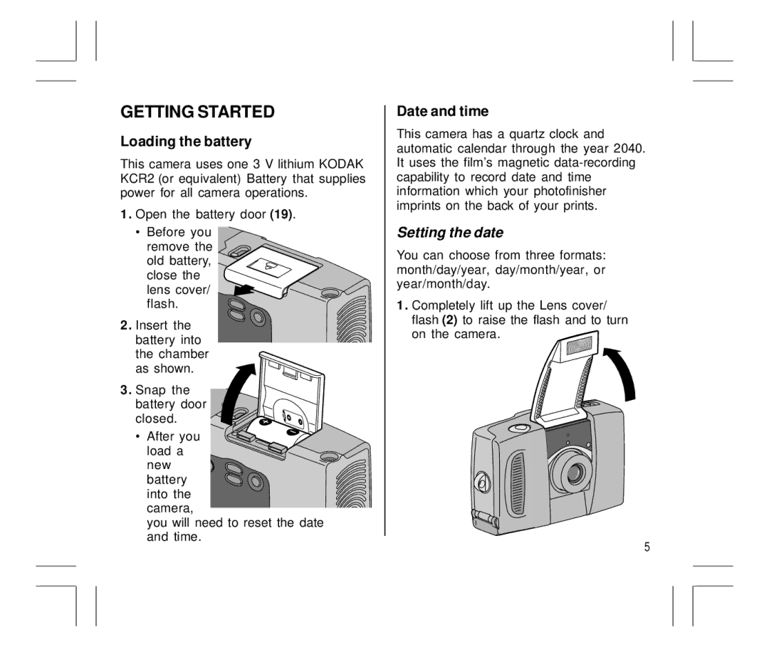 Kodak Auto-Focus Camera manual Getting Started, Loading the battery, Date and time 