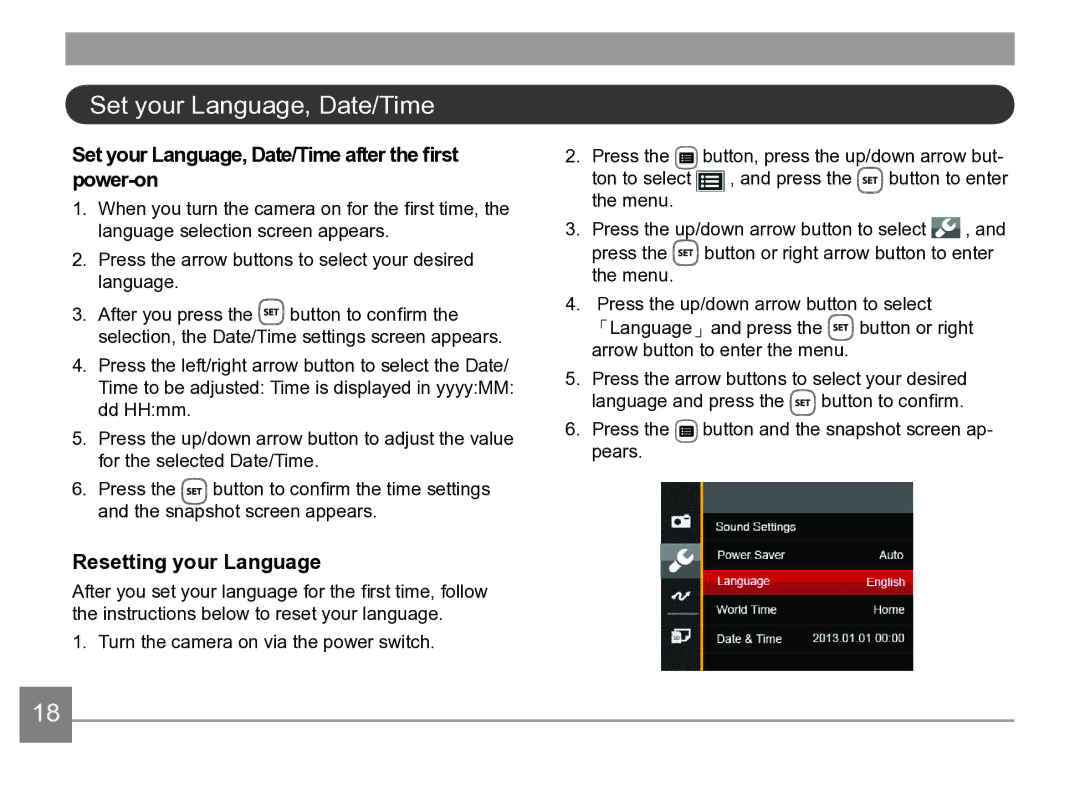 Kodak AZ361-WH, AZ361-SL user manual Set your Language, Date/Time after the first power-on, Resetting your Language 