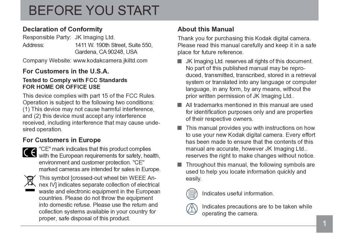 Kodak AZ361-SL, AZ361-WH Before YOU Start, Declaration of Conformity, For Customers in the U.S.A, For Customers in Europe 