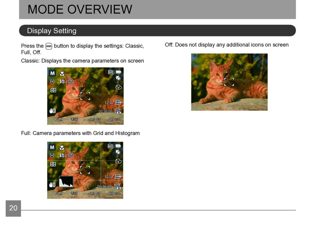 Kodak AZ361-WH, AZ361-SL user manual Mode Overview, Display Setting 