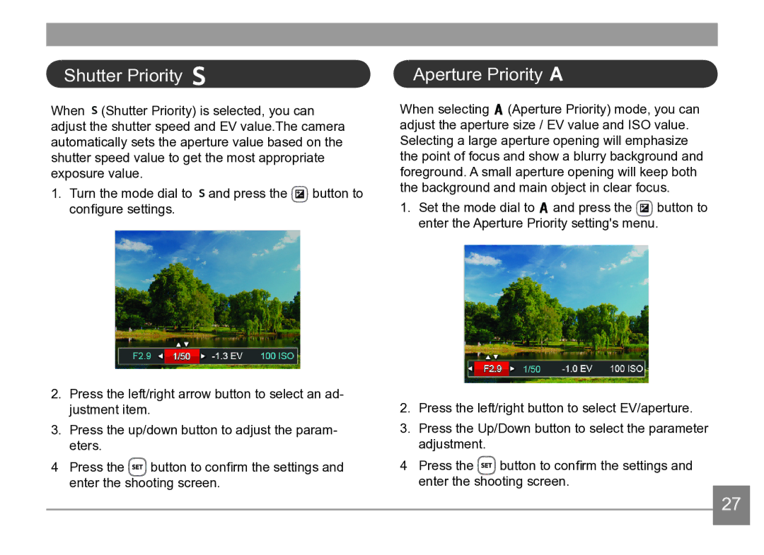 Kodak AZ361-SL, AZ361-WH user manual Shutter Priority, Aperture Priority 