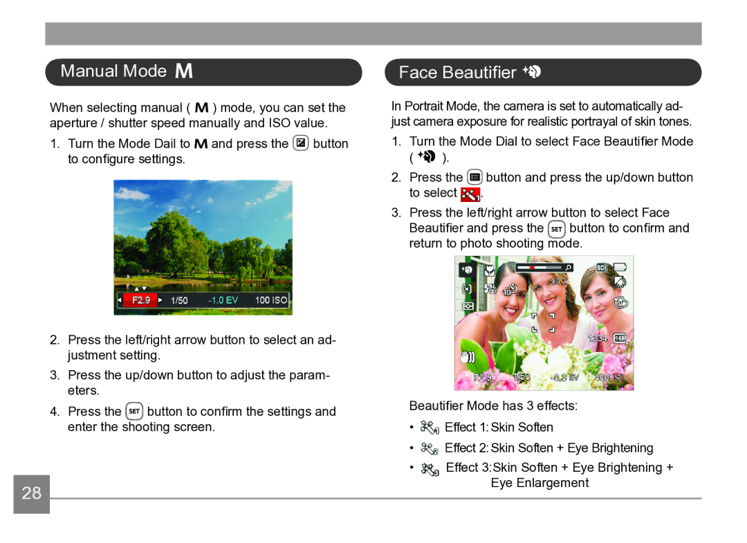 Kodak AZ361-WH, AZ361-SL user manual Manual Mode, Face Beautifier 