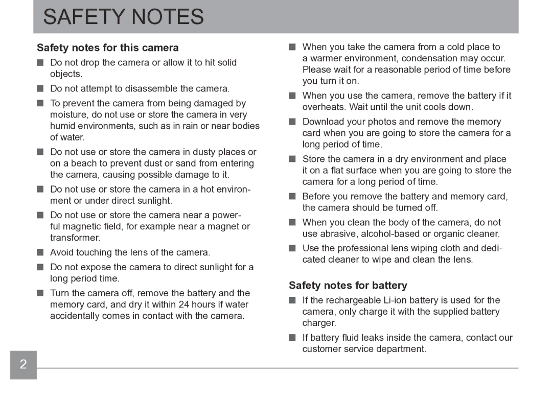 Kodak AZ361-WH, AZ361-SL user manual Safety Notes, Safety notes for this camera, Safety notes for battery 