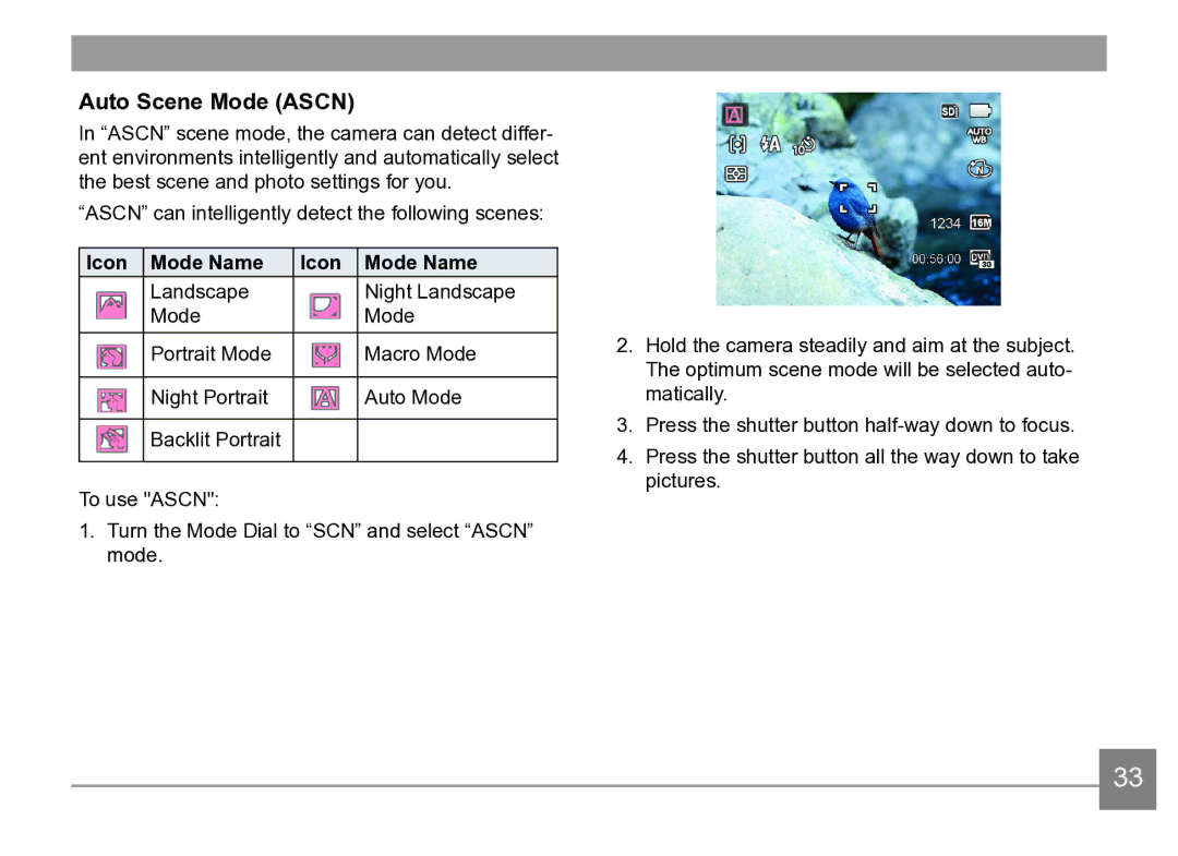 Kodak AZ361-SL, AZ361-WH user manual Auto Scene Mode Ascn, Icon Mode Name 