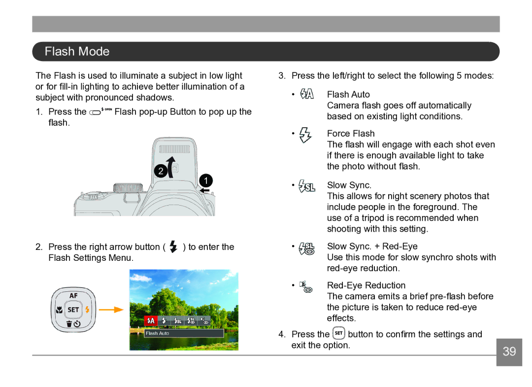 Kodak AZ361-SL, AZ361-WH user manual Flash Mode 