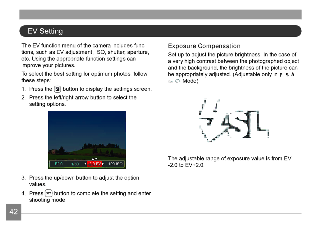 Kodak AZ361-WH, AZ361-SL user manual EV Setting, Exposure Compensation 