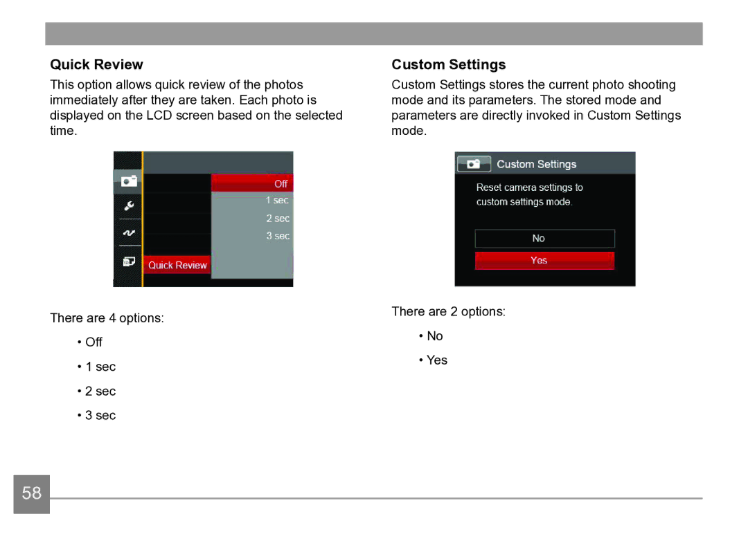 Kodak AZ361-WH, AZ361-SL user manual Quick Review, Custom Settings 