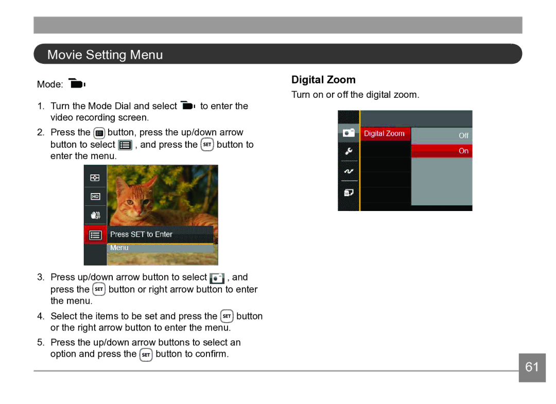 Kodak AZ361-SL, AZ361-WH user manual Movie Setting Menu, Digital Zoom 