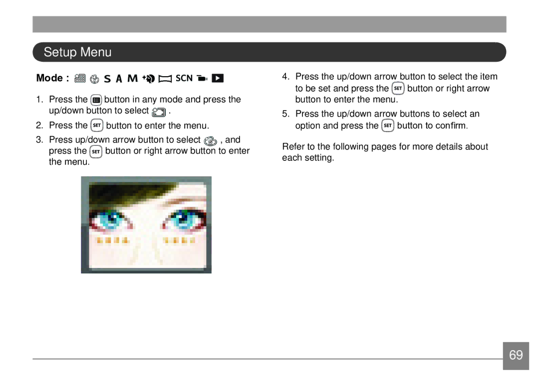 Kodak AZ361-SL, AZ361-WH user manual Setup Menu, Mode 