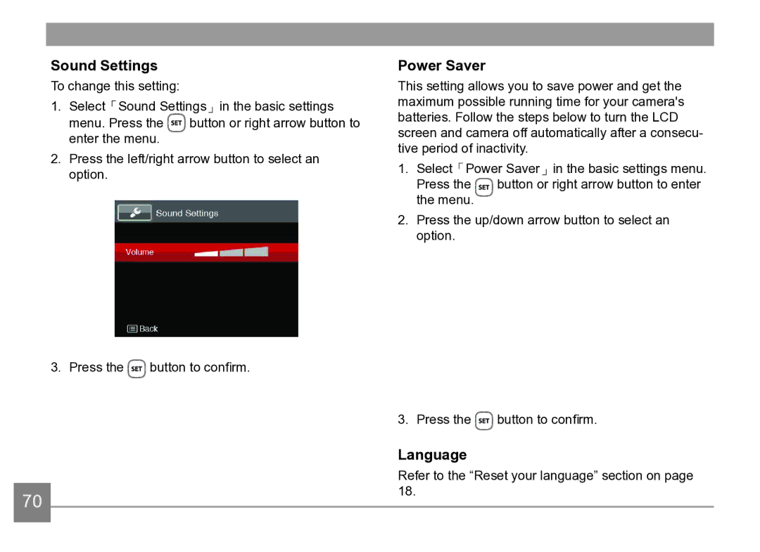 Kodak AZ361-WH, AZ361-SL user manual Sound Settings, Power Saver, Language 