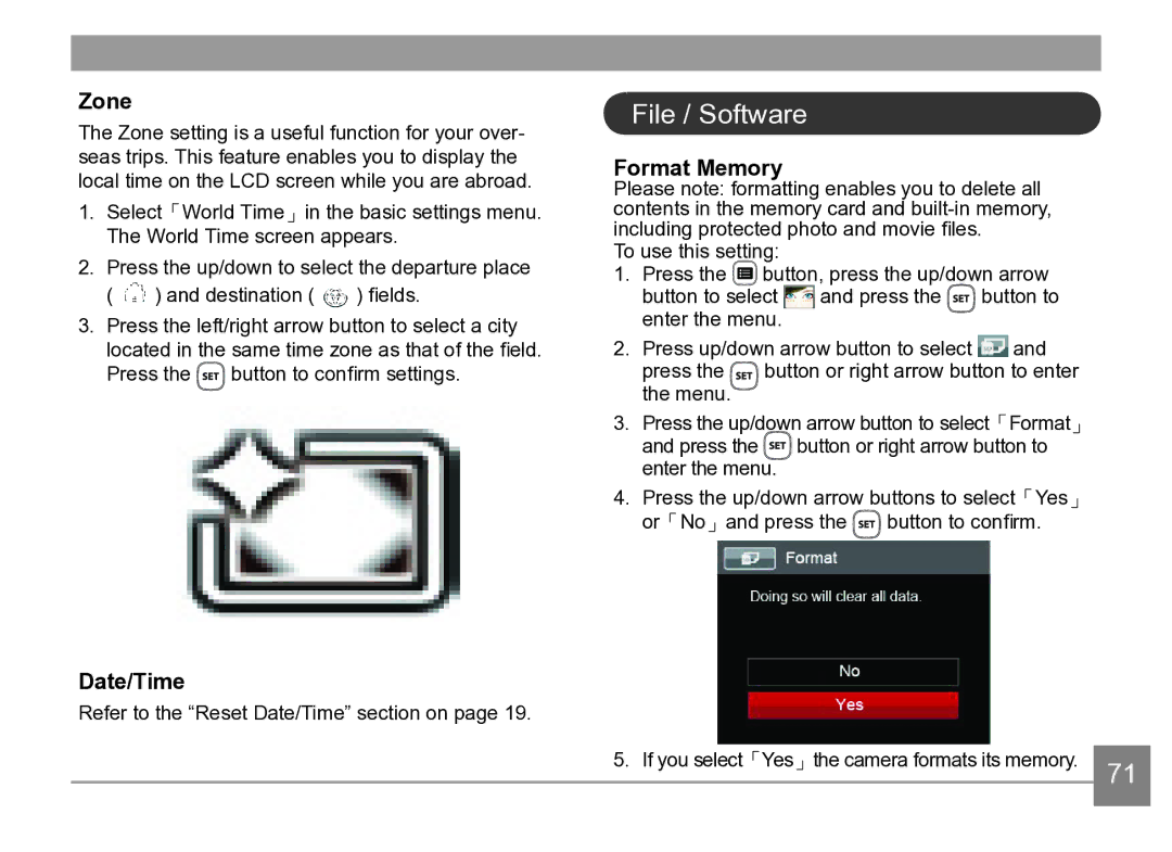 Kodak AZ361-SL, AZ361-WH user manual File / Software, Zone, Format Memory, Date/Time 