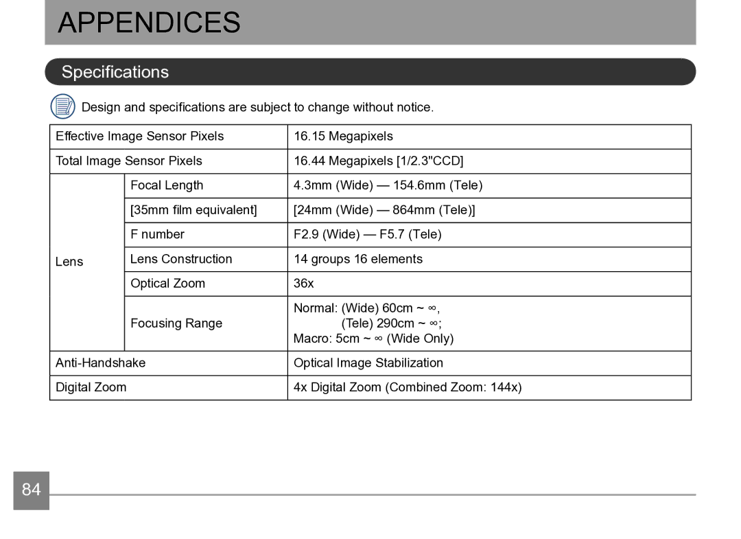 Kodak AZ361-WH, AZ361-SL user manual Appendices, Specifications 