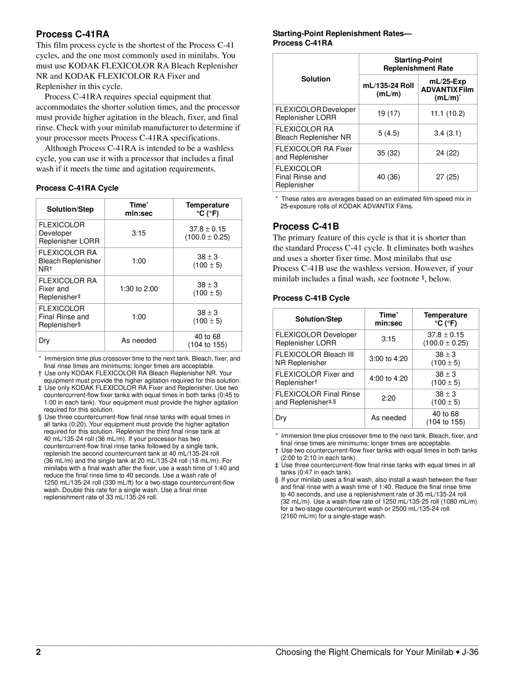 Kodak manual Process C-41RA Cycle, Starting-Point Replenishment Rates Process C-41RA, Process C-41B Cycle 