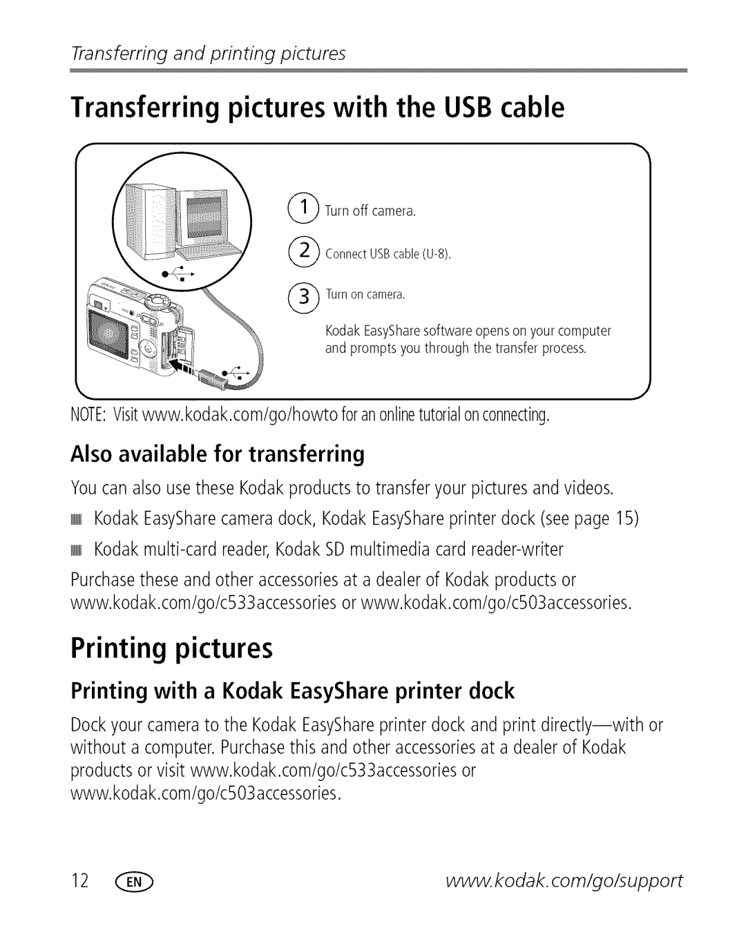 Kodak C 503 Transferring pictures with the USB cable, Printing pictures, Printing with a Kodak EasyShare printer dock 