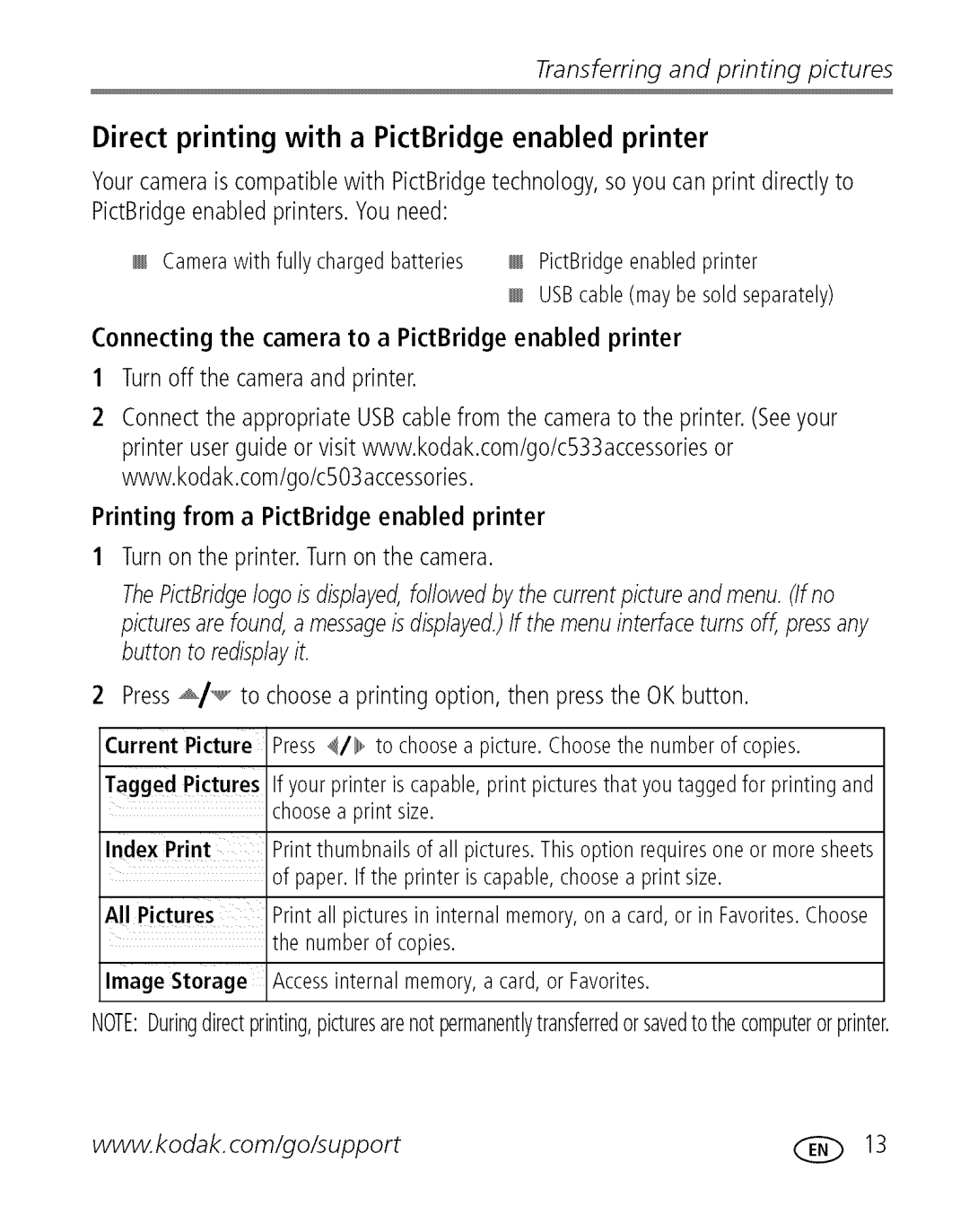 Kodak C 503 manual Direct printing with a PictBridge enabled printer 