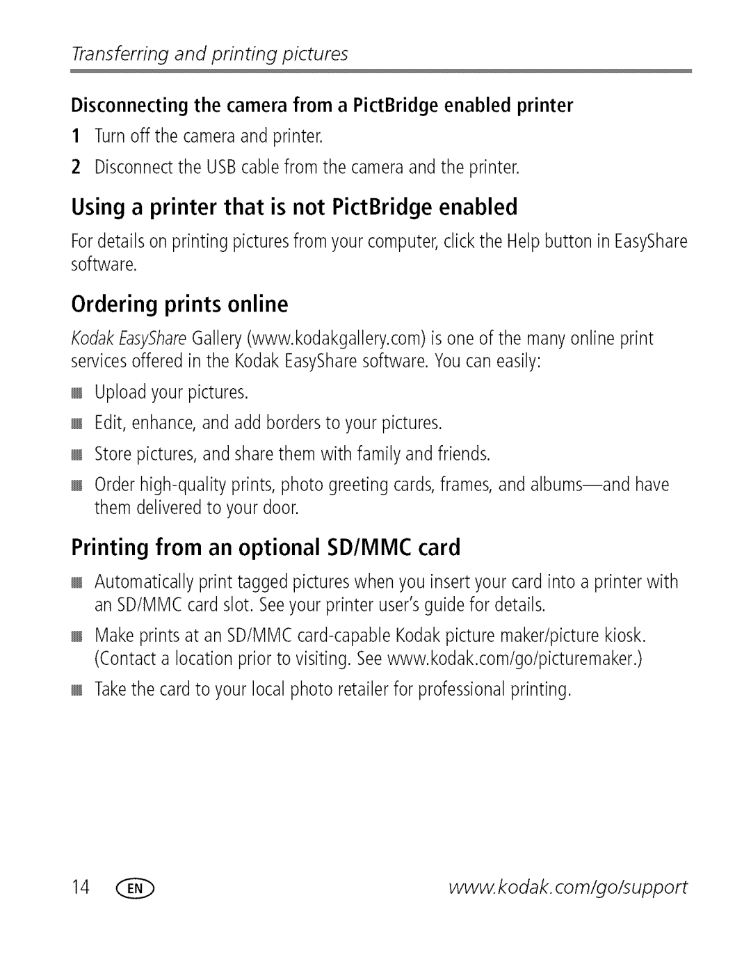 Kodak C 503 manual Ordering prints online, Printing from an optional SD/MMC card 