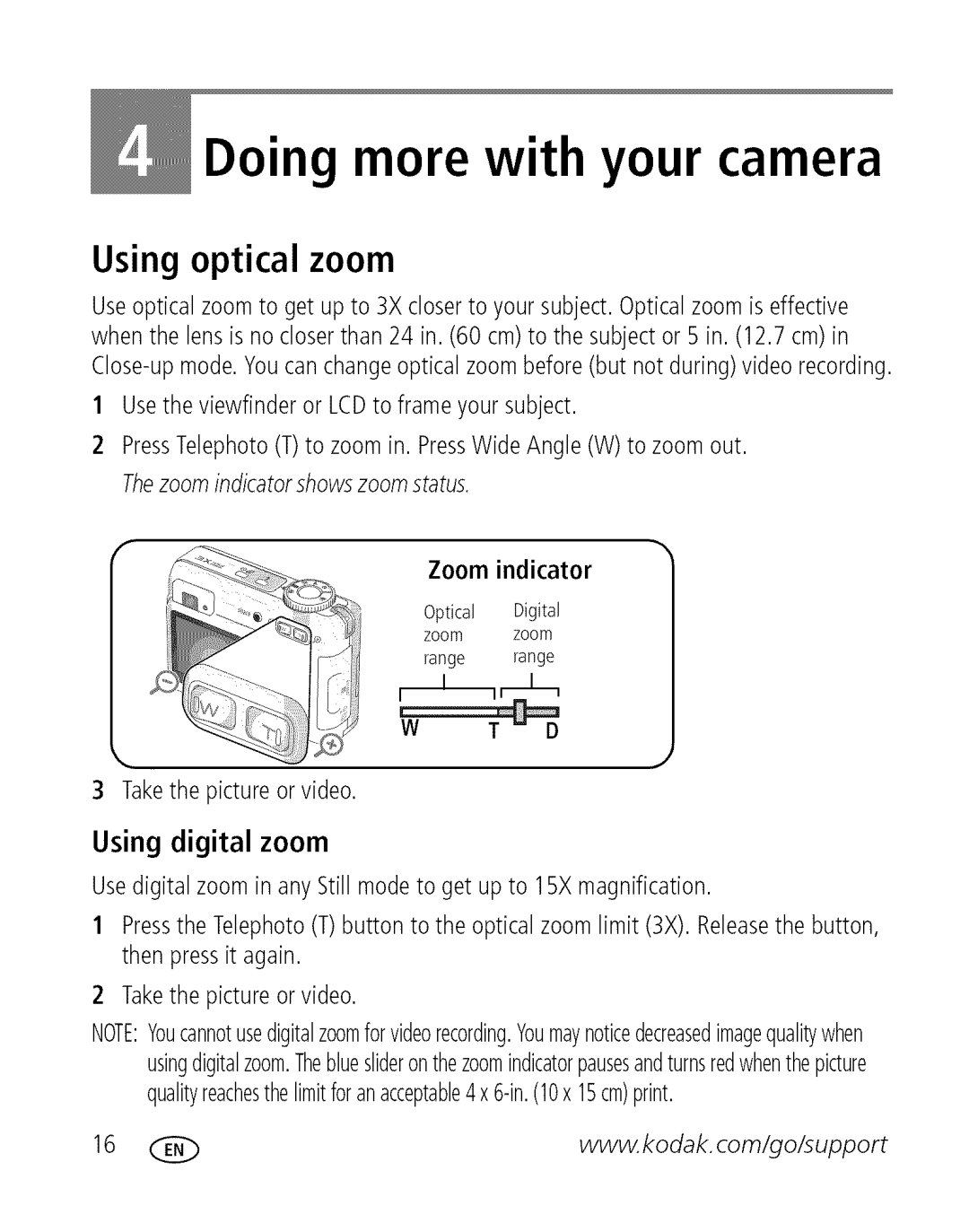 Kodak C 503 manual Doing more with your camera, Using optical zoom 