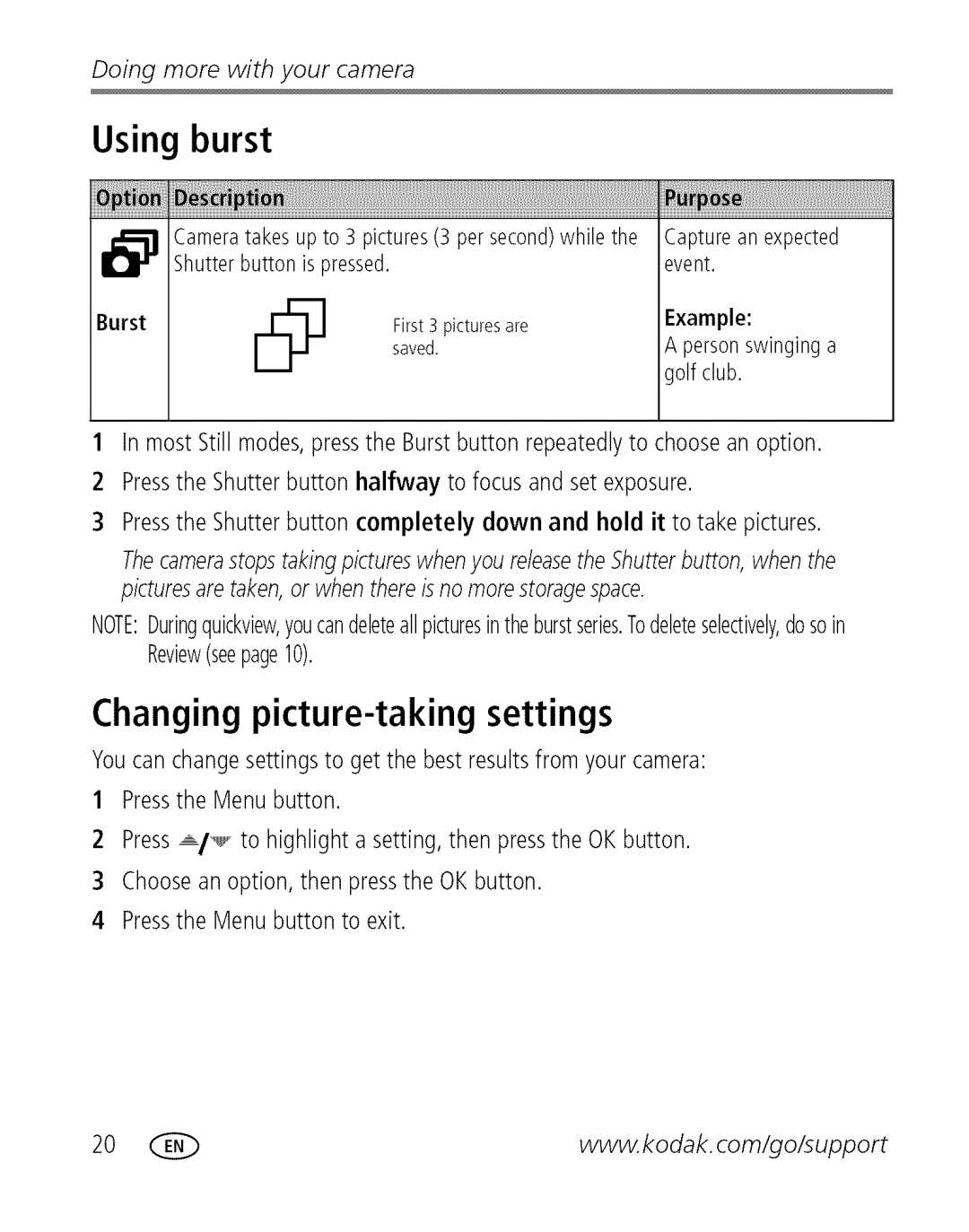 Kodak C 503 manual Using burst, Changing picture-taking settings, Example 