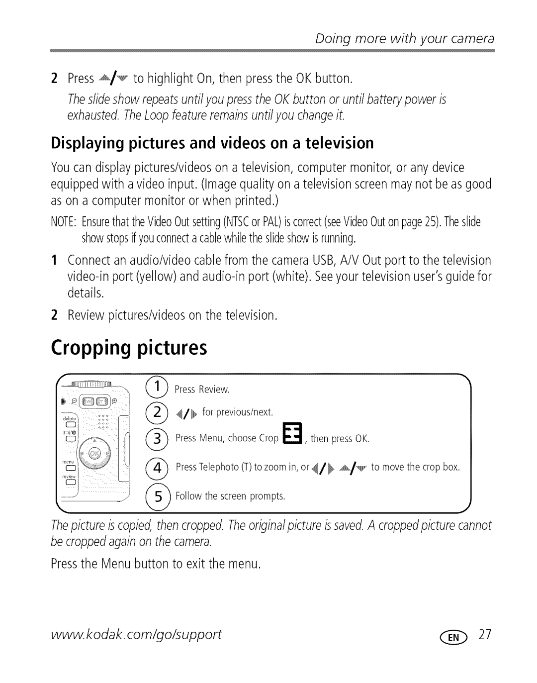 Kodak C 503 manual Cropping pictures, Displaying pictures and videos on a television 