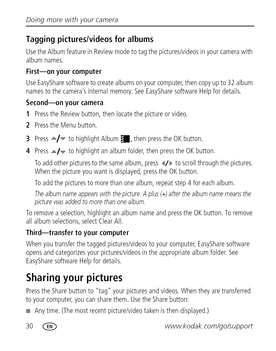 Kodak C 503 manual Sharing your pictures, Tagging pictures/videos for albums 