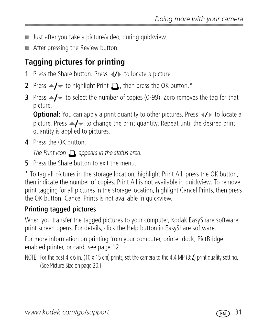 Kodak C 503 manual Tagging pictures for printing, ThePrinticon appearsin thestatusarea 