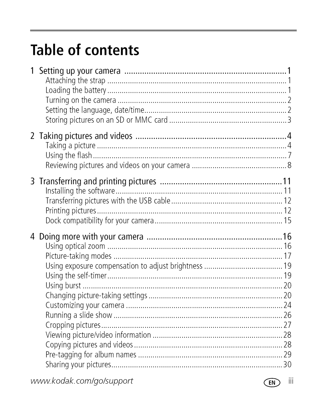 Kodak C 503 manual Table of contents 