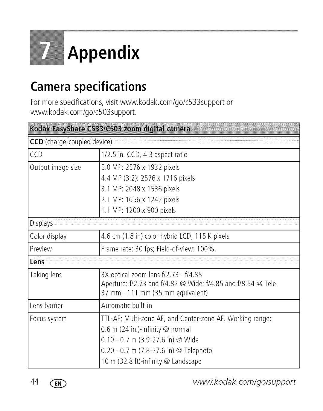 Kodak C 503 manual Appendix, Camera specifications, Lens 