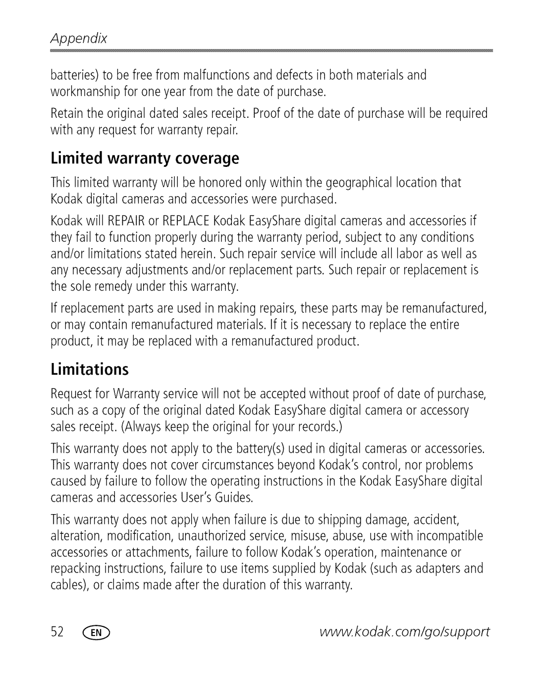 Kodak C 503 manual Limitations, Limited warranty coverage 