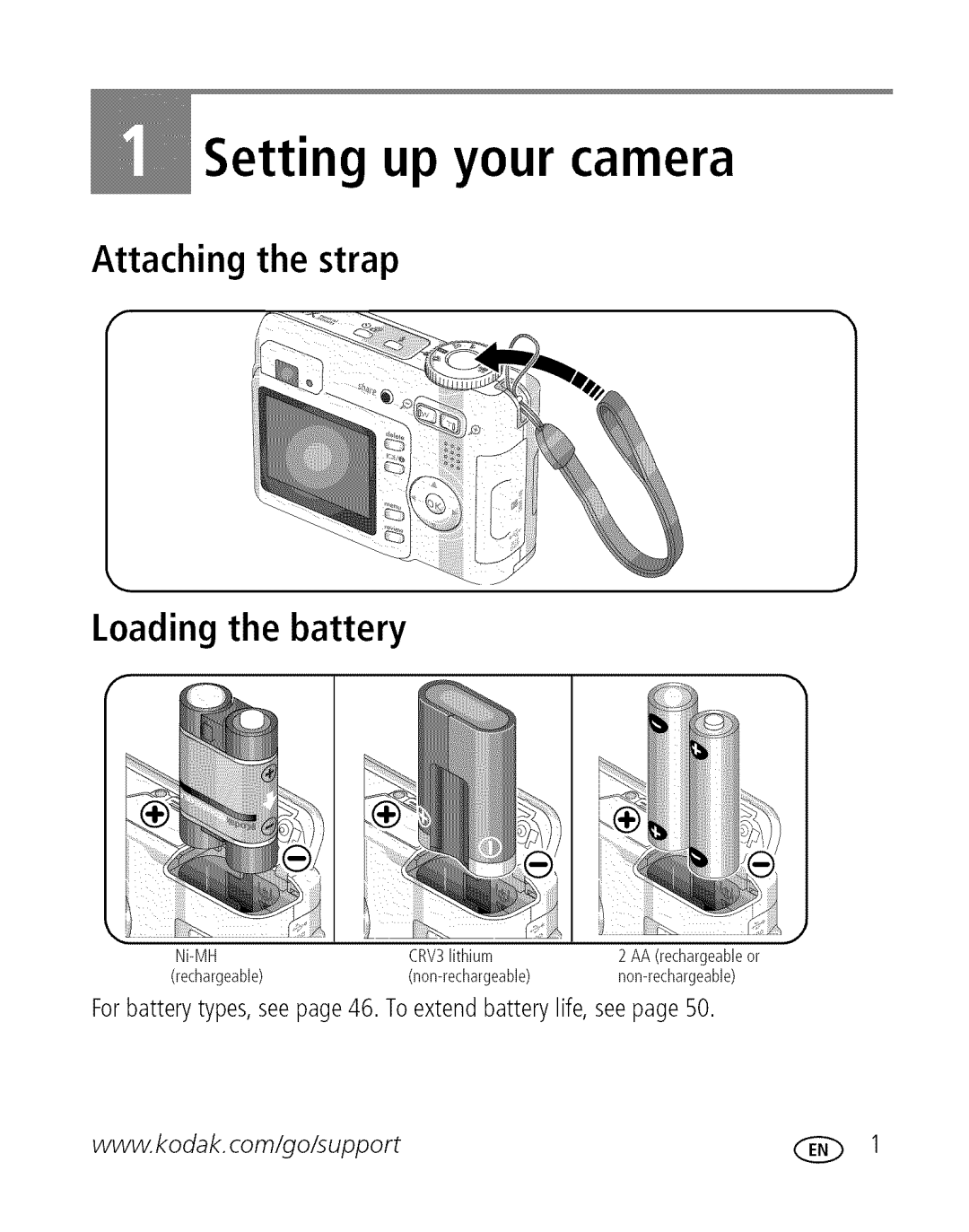 Kodak C 503 manual Setting up your camera, Attaching the strap Loading the battery 