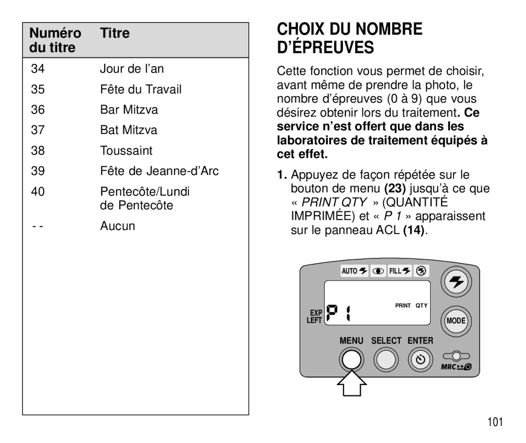 Kodak C 750 manual Choix DU Nombre ’ÉPREUVES, Numéro Titre du titre 