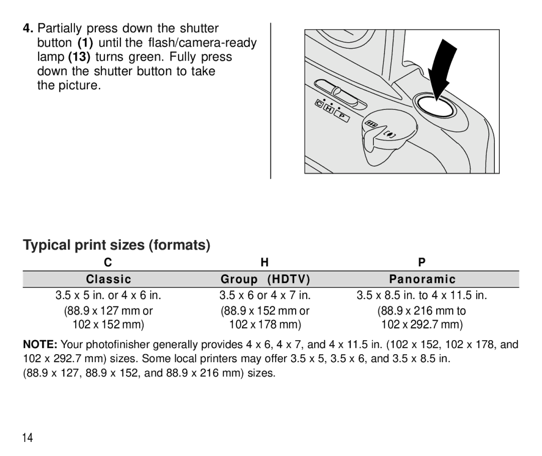 Kodak C 750 manual Typical print sizes formats, Classic Group Hdtv Panoramic 