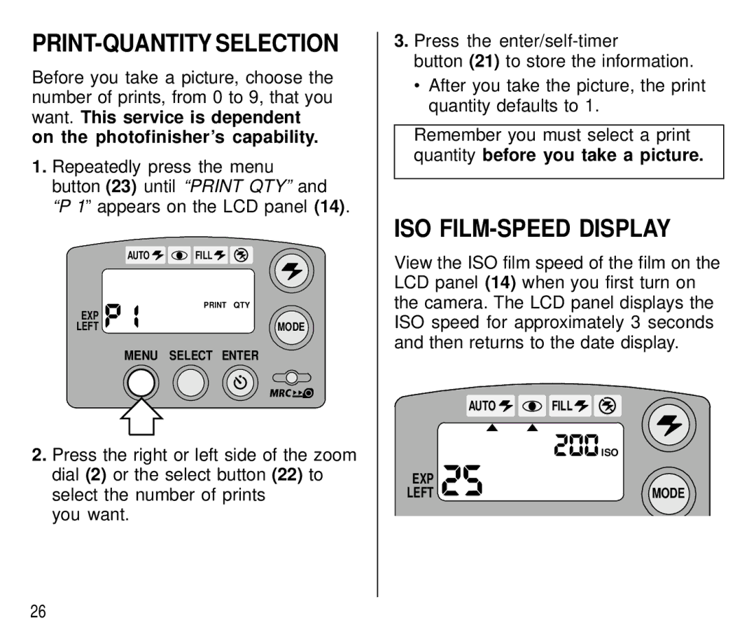 Kodak C 750 manual PRINT-QUANTITY Selection, ISO FILM-SPEED Display 