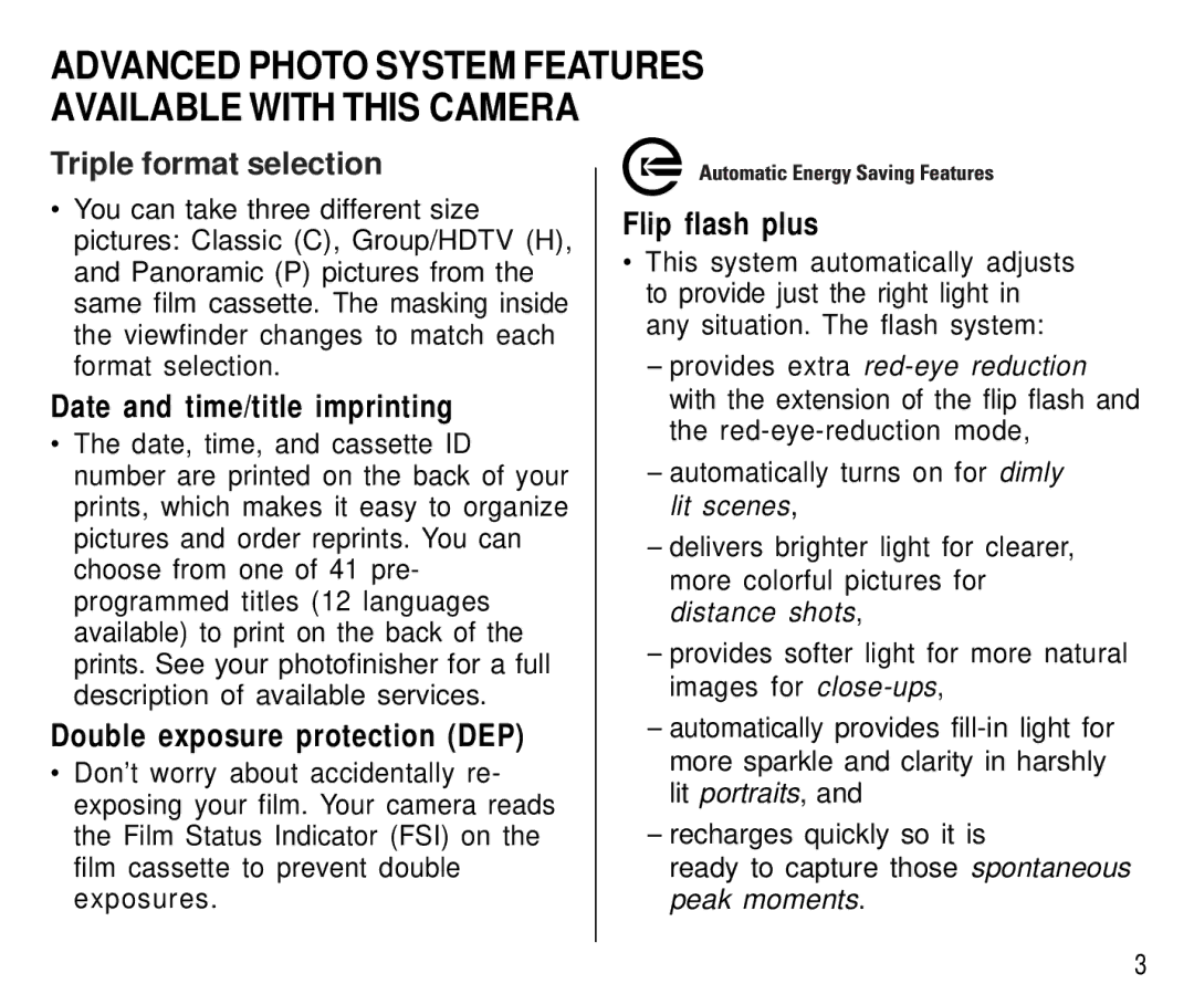 Kodak C 750 manual Advanced Photo System Features Available with this Camera, Triple format selection 