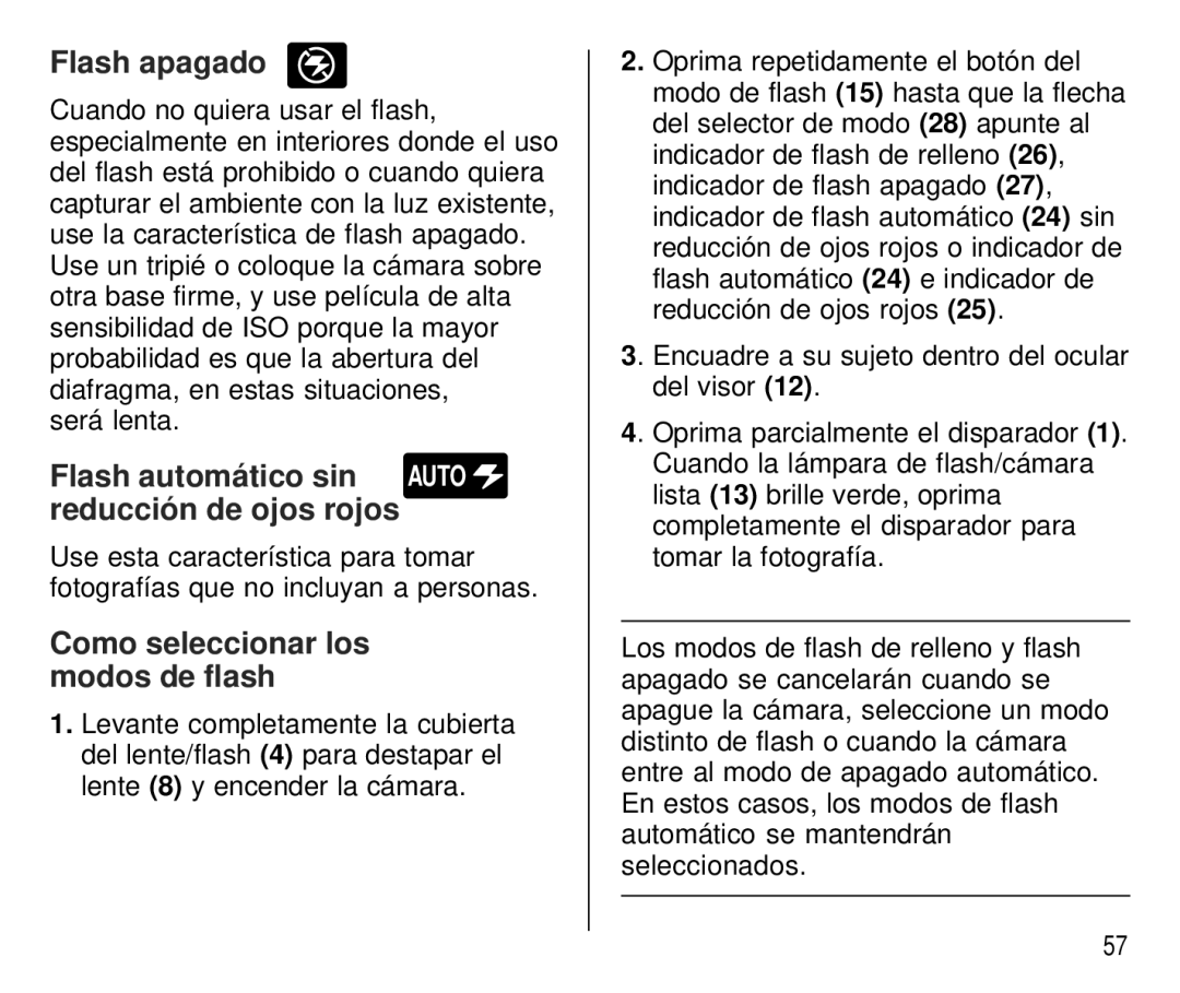 Kodak C 750 manual Flash apagado, Flash automático sin Auto reducción de ojos rojos, Como seleccionar los modos de flash 