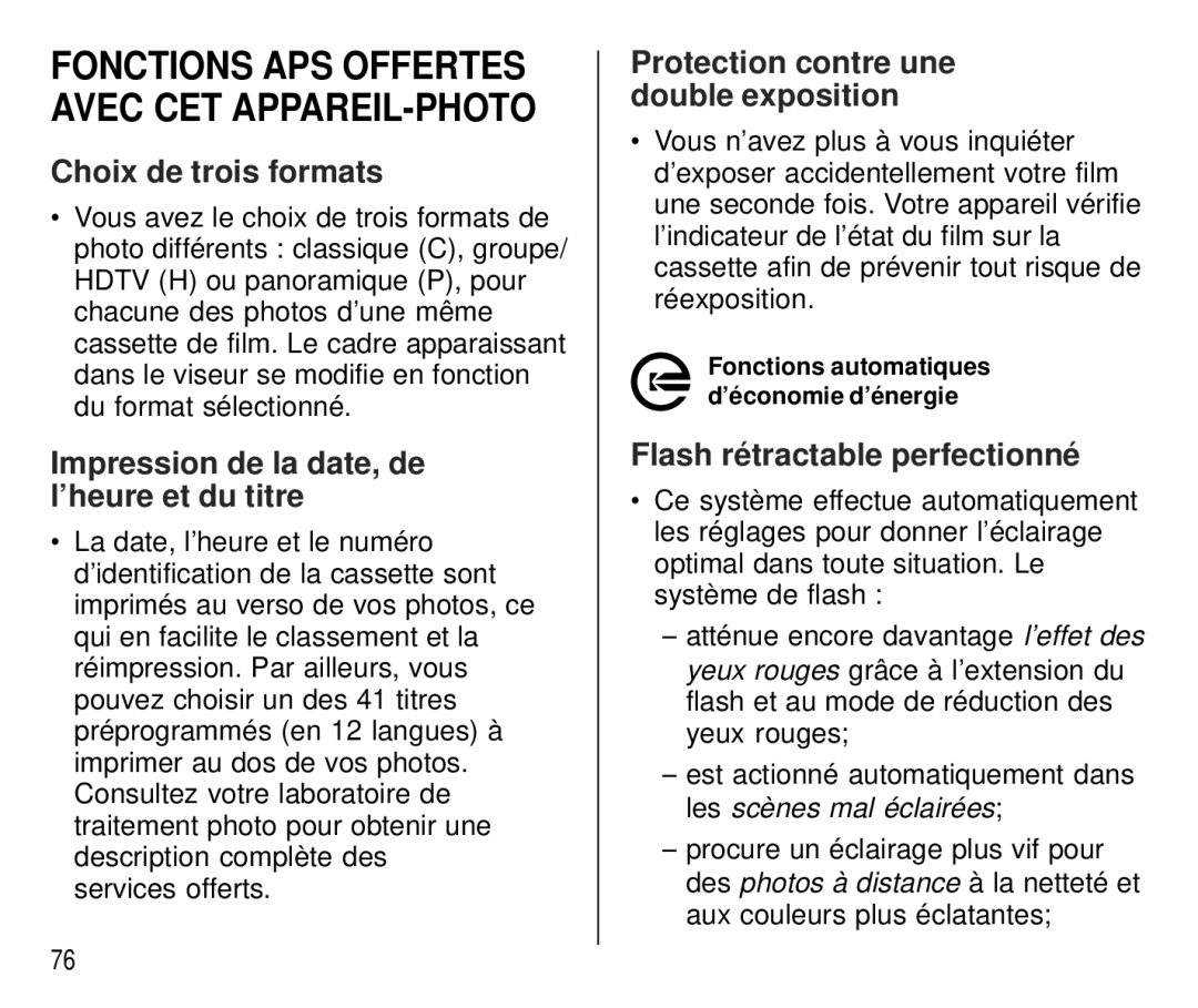 Kodak C 750 Choix de trois formats, Impression de la date, de l’heure et du titre, Protection contre une double exposition 