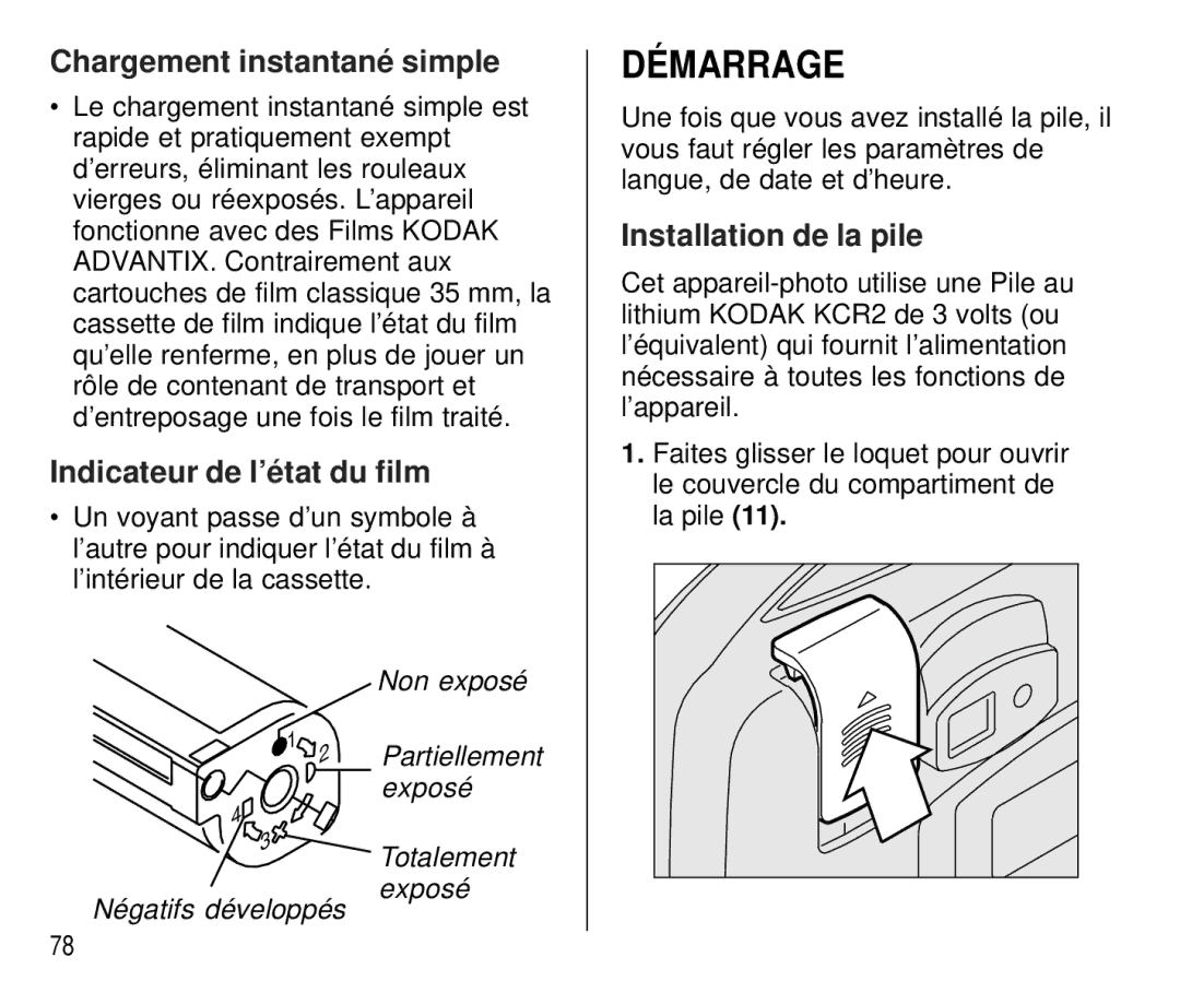 Kodak C 750 manual Démarrage, Chargement instantané simple, Indicateur de l’état du film, Installation de la pile 