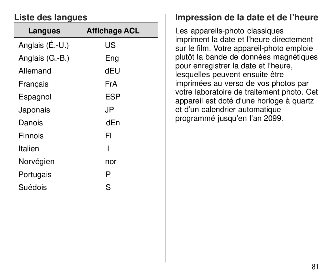 Kodak C 750 manual Liste des langues, Impression de la date et de l’heure, Langues Affichage ACL 