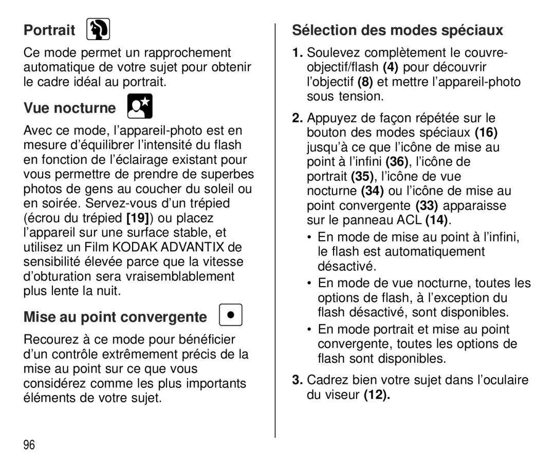 Kodak C 750 manual Portrait, Vue nocturne, Mise au point convergente, Sélection des modes spéciaux 