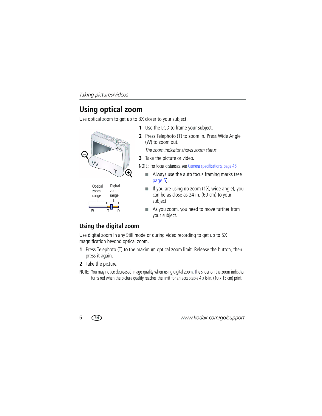 Kodak C1013 manual Using optical zoom, Using the digital zoom, Use optical zoom to get up to 3X closer to your subject 