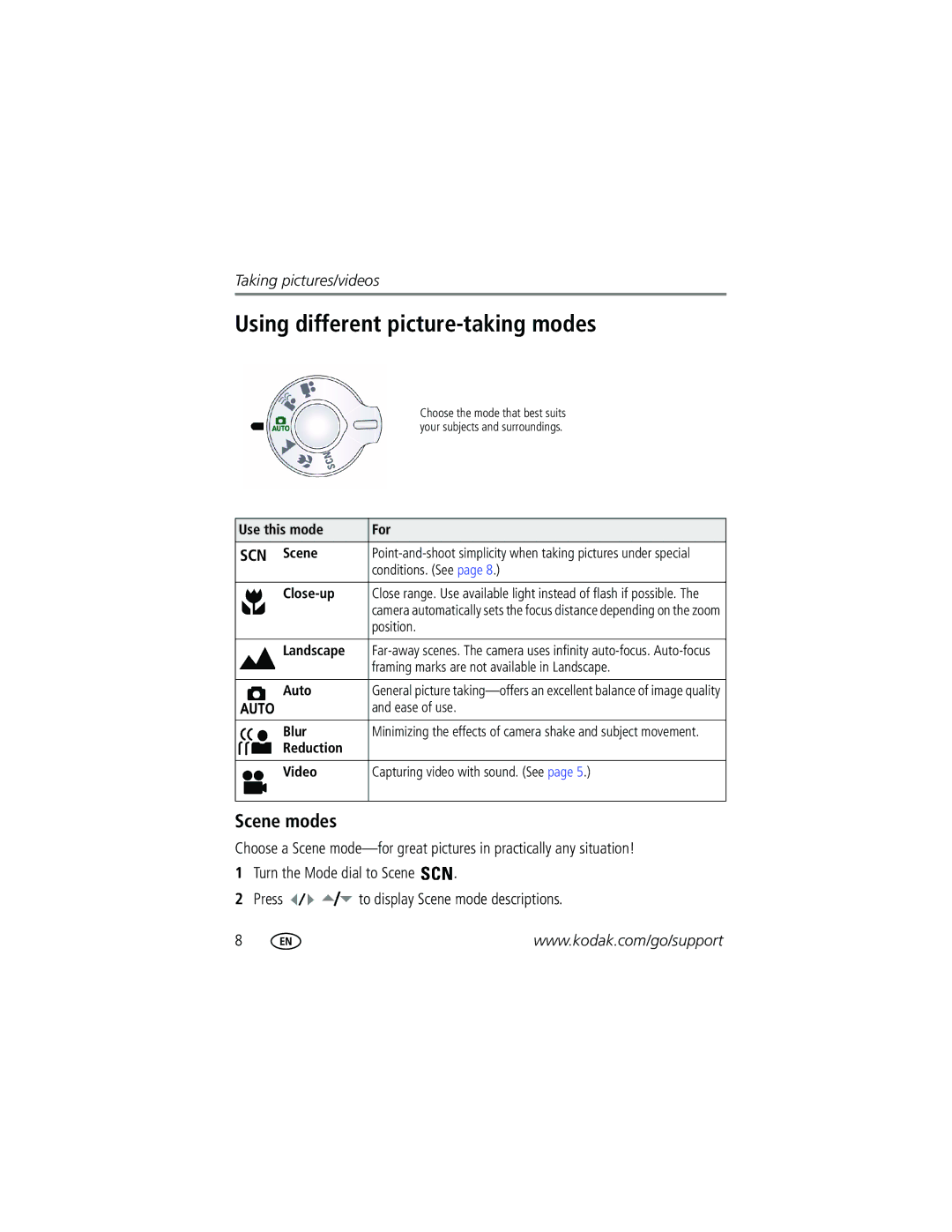 Kodak C1013 manual Using different picture-taking modes, Scene modes 