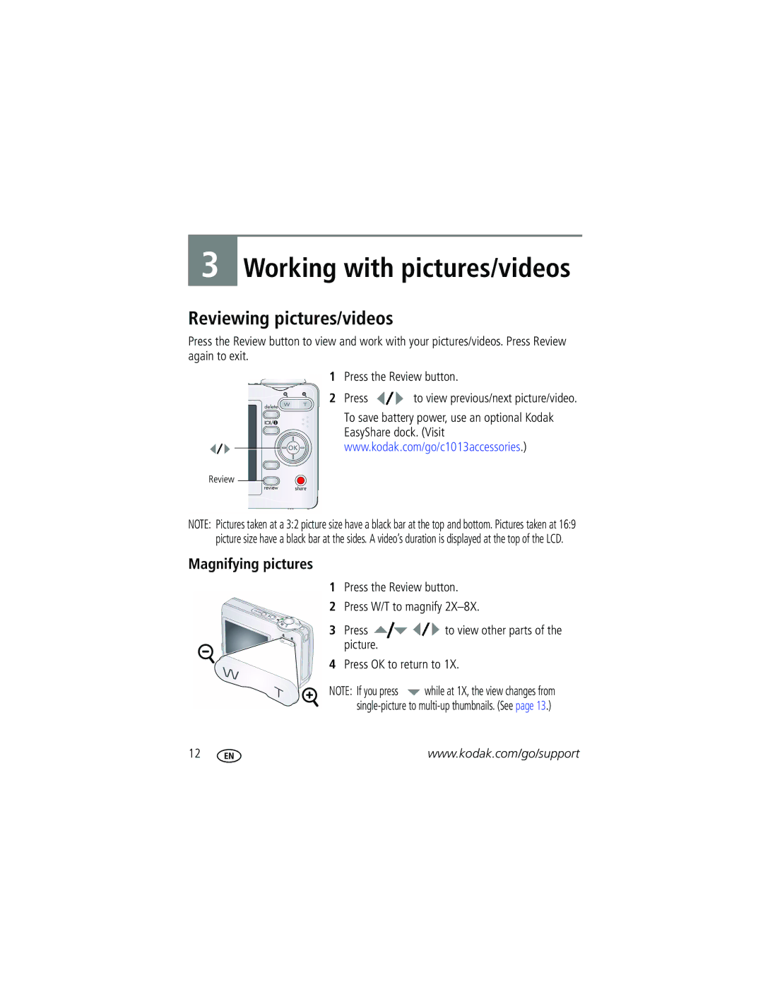 Kodak C1013 manual Reviewing pictures/videos, Magnifying pictures, Press the Review button 