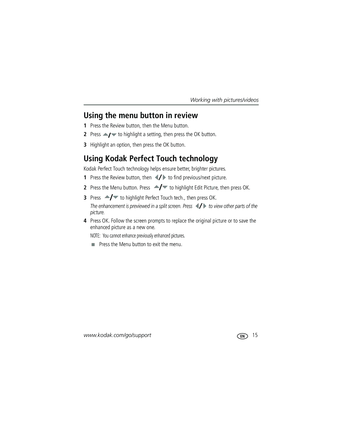 Kodak C1013 manual Using the menu button in review, Using Kodak Perfect Touch technology 