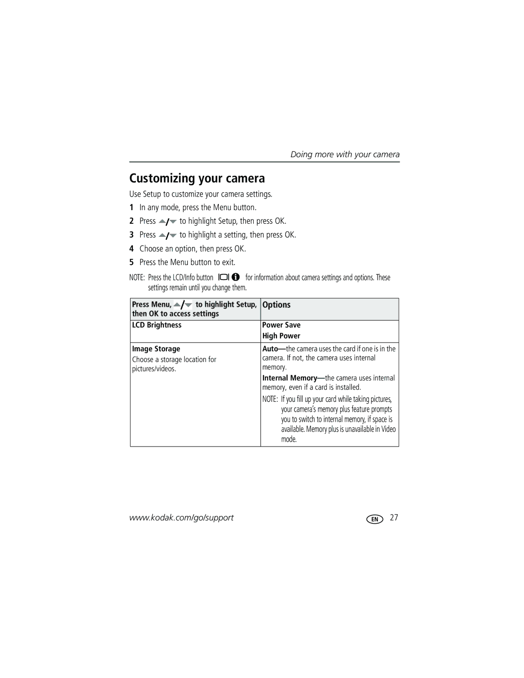 Kodak C1013 manual Customizing your camera, Options, Mode 