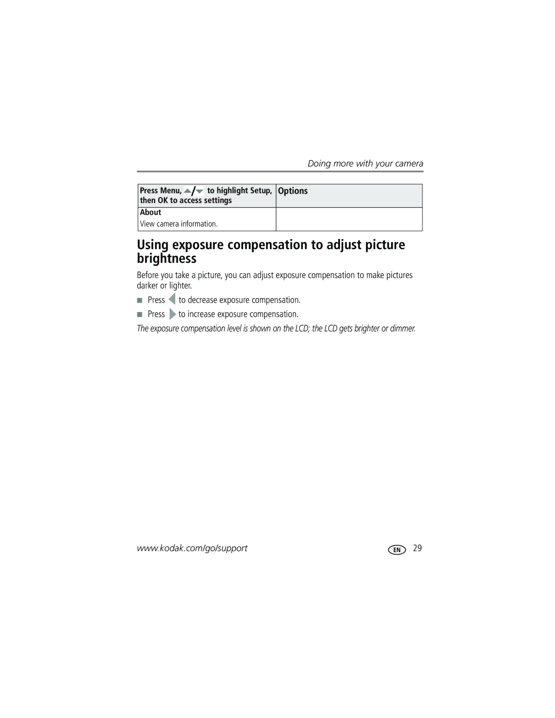 Kodak C1013 manual Using exposure compensation to adjust picture brightness, To highlight Setup, Options, About 