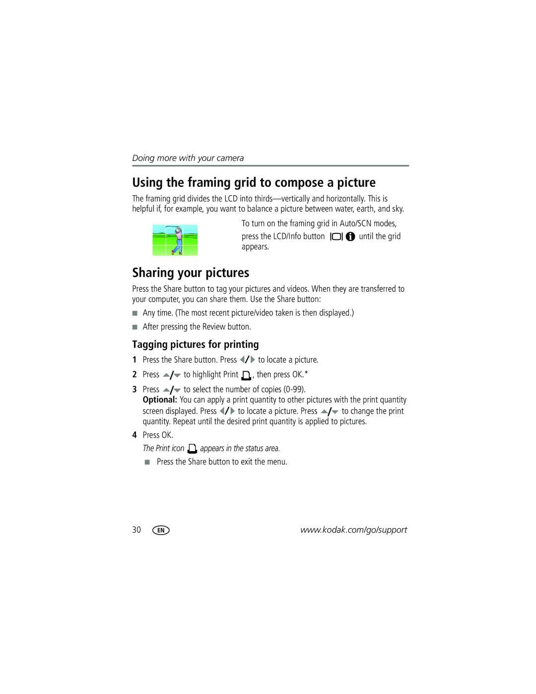 Kodak C1013 manual Using the framing grid to compose a picture, Sharing your pictures, Tagging pictures for printing 