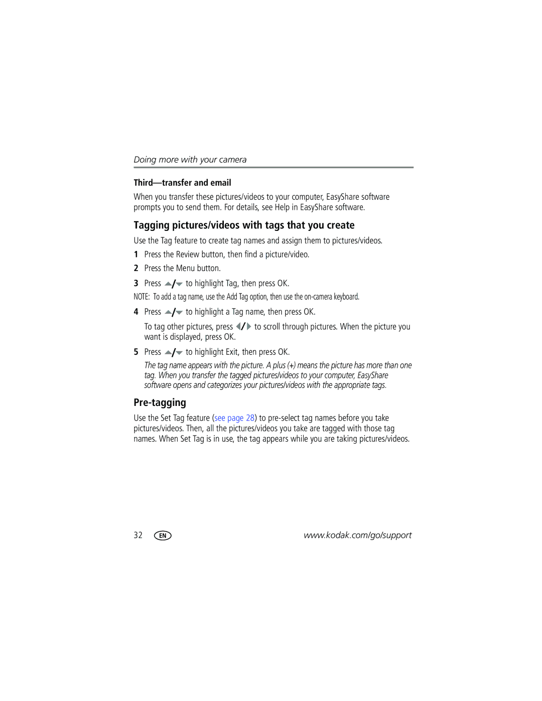 Kodak C1013 manual Tagging pictures/videos with tags that you create, Pre-tagging, Third-transfer and email 