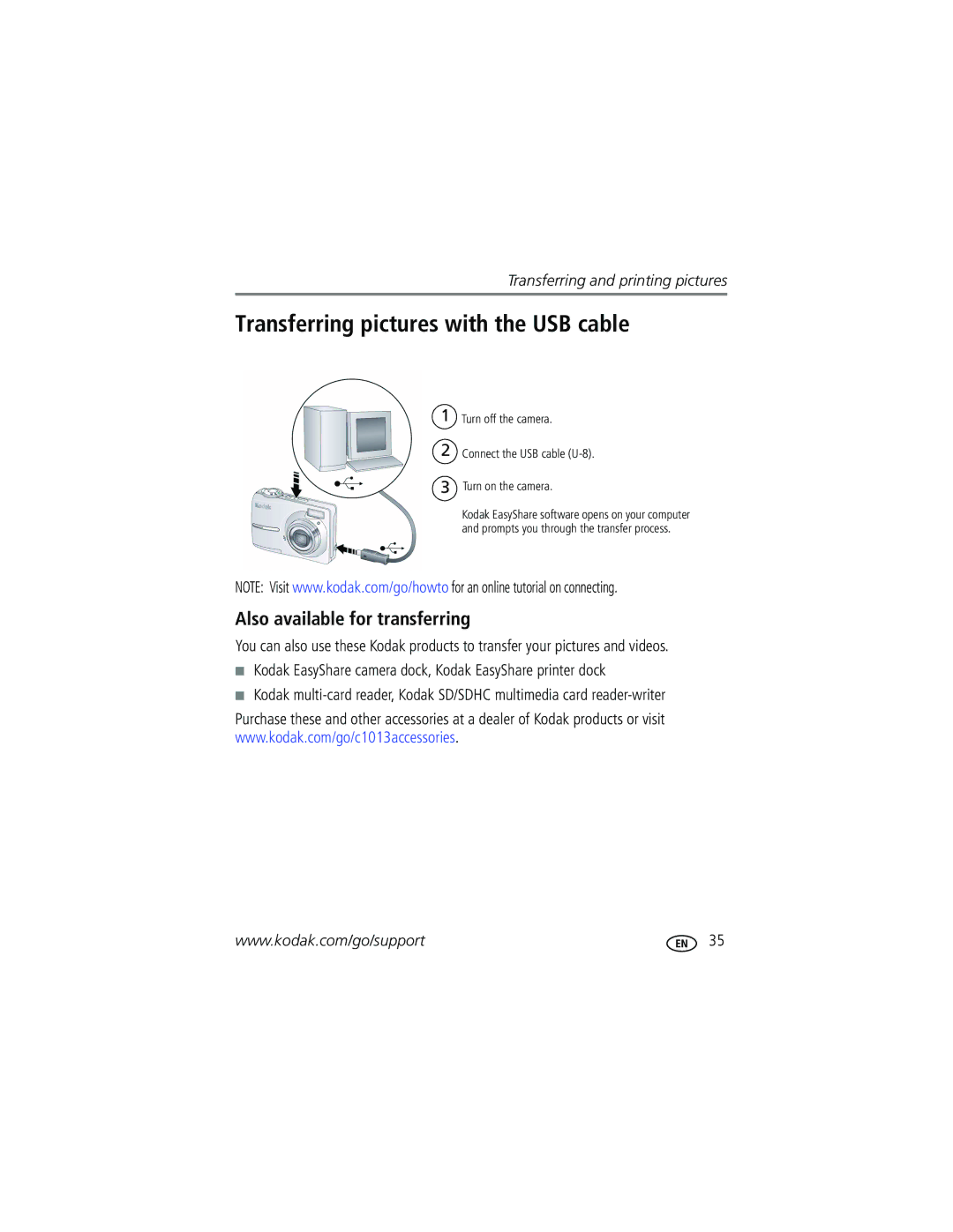 Kodak C1013 manual Transferring pictures with the USB cable, Also available for transferring 