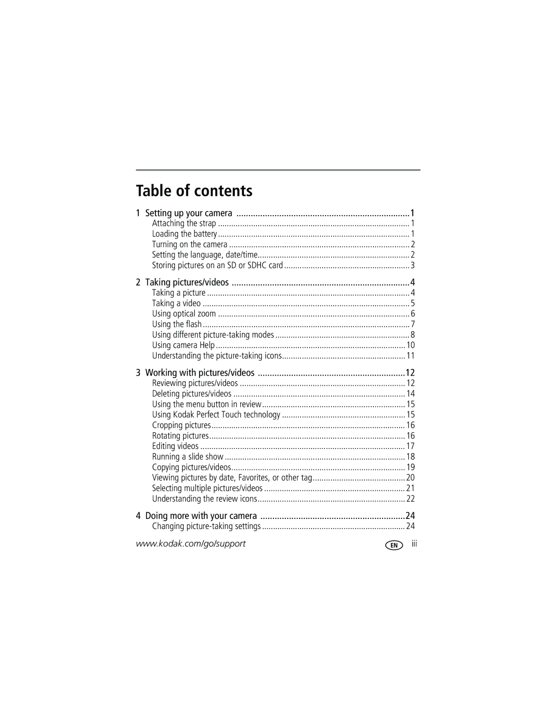 Kodak C1013 manual Table of contents 